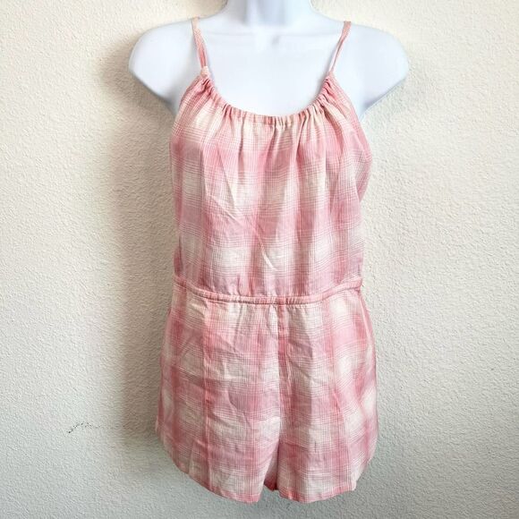 New Lovers + Friends Alona Romper Women’s S Pink Plaid Gingham Linen Blend - Picture 1 of 5